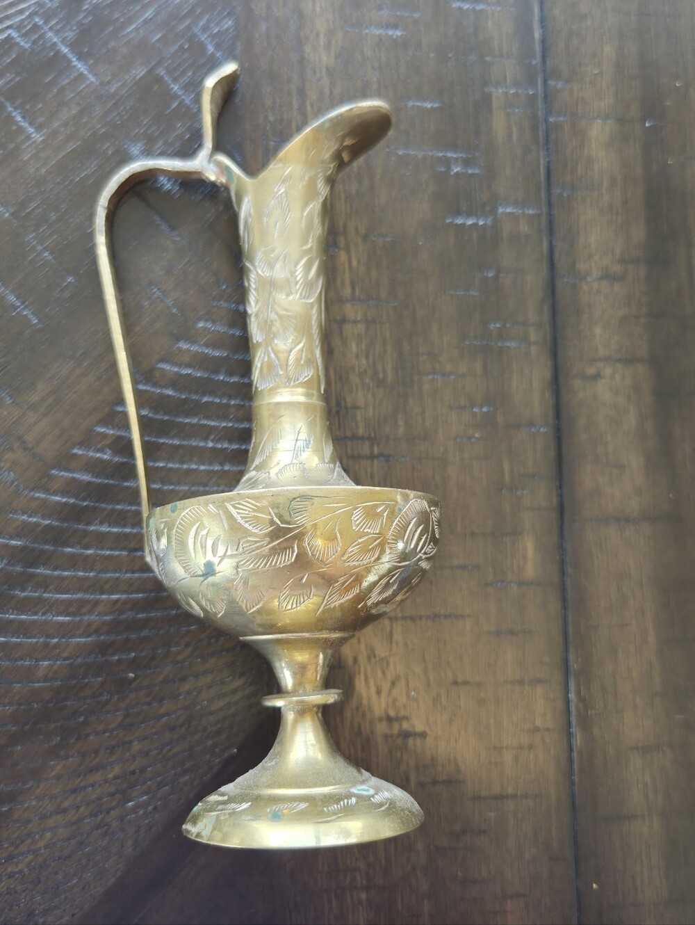 Vintage Etched Brass Pitcher India - Ornate Floral Footed Ewer Vase